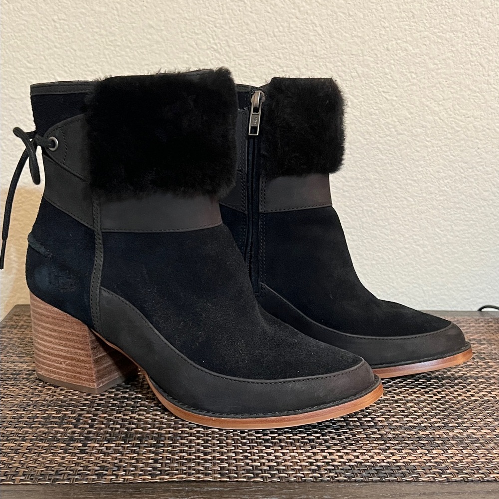 UGG Black Suede Ankle Boots with Fur Trim